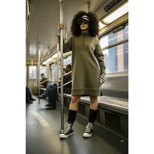 Daily Practice Anthropologie Meru Mini Dress Olive Green Quarter Zip Tunic